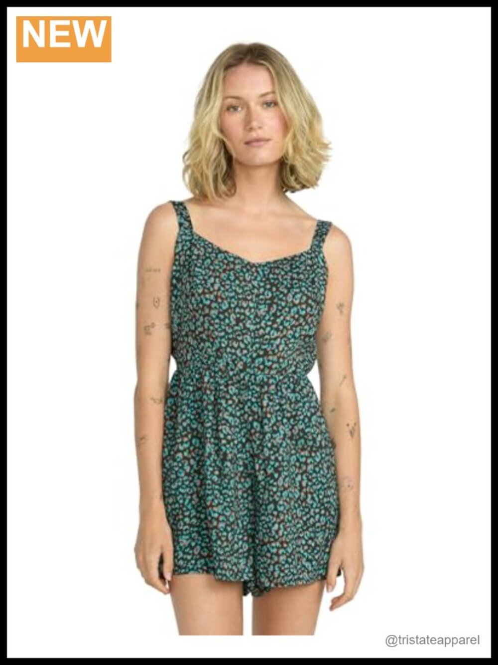 Volcom Here Kitty Romper Sleeveless Short Shorts Sweetheart Neckline Tie Straps